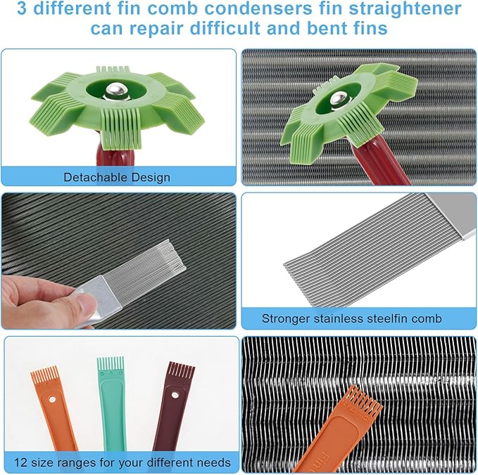6Pcs Air Conditioner Fin Cleaner Set, Air Conditioner Fin Combs Kit, AC Fin Combs Straightener, Condensers Combs Cleaning Brush, Condenser Repair Clean Set for AC Radiator Evaporator