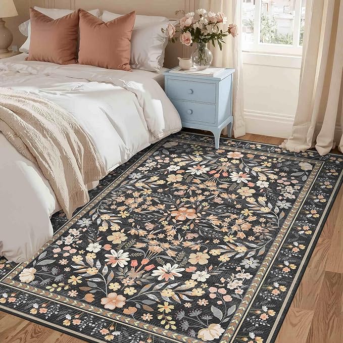 3x5 Rug for Entryway Bedroom, Black 3x5 Washable Area Rug, Floral Vintage Retro Boho Throw Rug, Non Slip & Low Pile Small Carpet for Indoor Kitchen, Bedside, Living Room, Bathroom and Dining