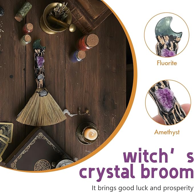 Witchcraft Supplies Witches Broom - Wiccan Decor with Moon Design Fluorite Altar Supplies with Amethyst Clusters Natural Healing Crystals Pagan Decor Reiki Energy Clearing Crafts