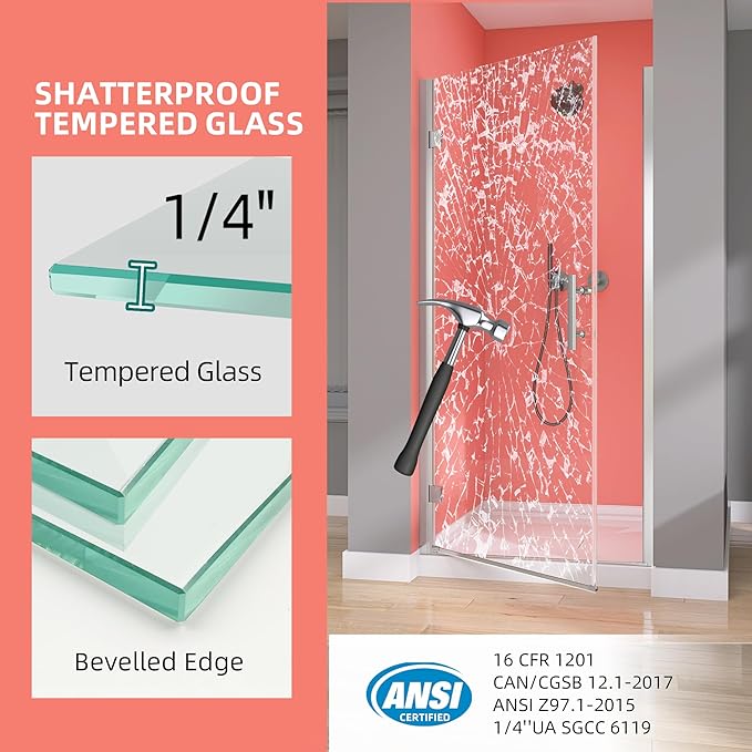 GETPRO Frameless Shower Door Pivot 30 in. W x 72 in. H Swing Single Small Shower Door with 1/4 inch Tempered Glass Panel Adjustable Left Hinged Bathroom Door for Shower Chrome Hardwares