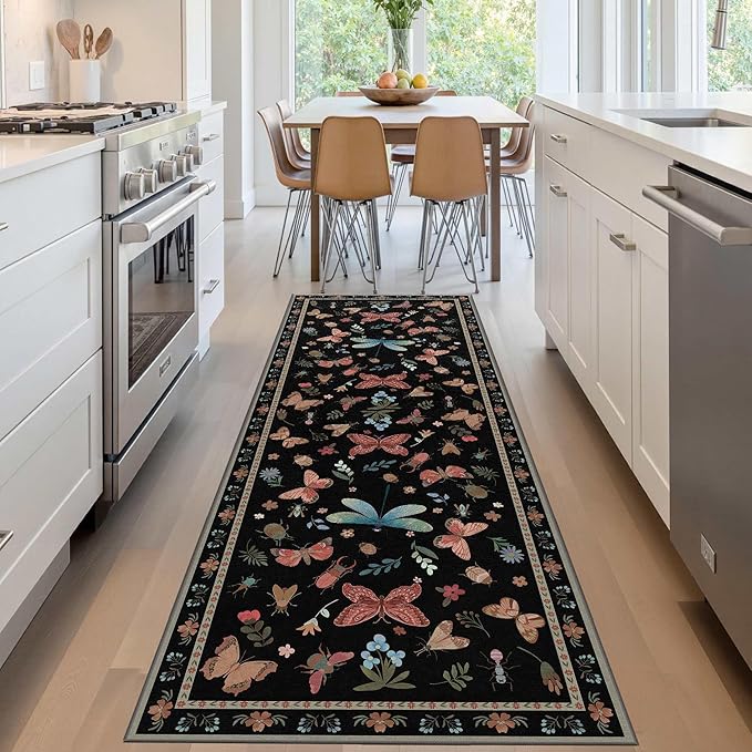 2x6 Floral Runner Rug, Washable Runners for Hallways, Black Vintage Boho Kitchen Rugs, Non Slip Hallway Runner Carpet for Indoor Hallway, Kitchen, Laundry Room and Bathroom(Black 2x6ft)