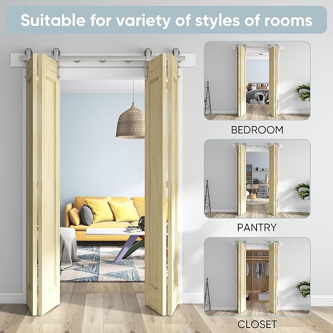 60'' Bi-Fold Sliding Barn Door Hardware Track Kit for Four 14'' Doors,Side Mount Installation,Heavy Duty Roller,Smoothly and Quietly - Brushed Nickel(Doors Not Included)