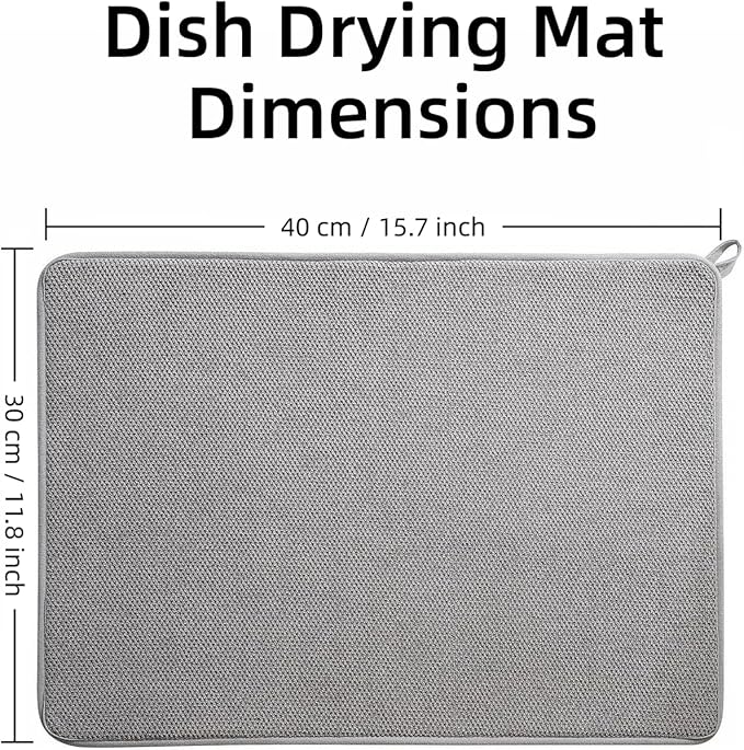 Dish Drying Mat 2 Pack, Dish Drying Mats for Kitchen Counter, Absorbent Dish Drainer Mat Kitchen Drying Pad - Microfiber, Grey, 11.8 by 15.7 Inch
