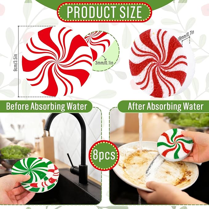 Whaline 8Pcs Christmas Candy Kitchen Sponges Red Green Xmas Candy Water Absorbing Dish Washing Sponge Non Scratch Cleaning Scrub Sponges for Dish Pots Pans Dishwashing Holiday Home Kitchen Bathroom