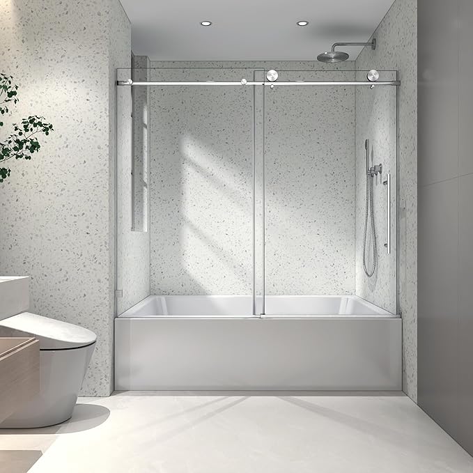 Favfurish Single Sliding Shower Door,55"-60" W x 63" H Frameless Shower Door with 5/16" (8mm) Thick SGCC Tempered Glass W/Adjustable Soft Closing,Bathroom Glass Door for Spa（Brushed Nickel）