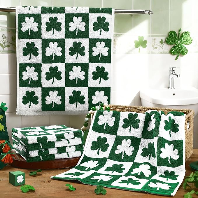 Frienda 4 Pcs St Patrick's Day Hand Towels for Bathroom 13 x 29'' Soft 100% Cotton Green Shamrocks Decorative Towel Absorbent St. Patrick's Day Bathroom Decor for Drying Cleaning Cooking Gift