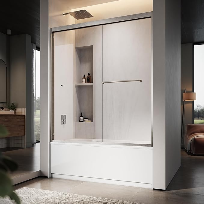 60" W x 60" H Double Sliding Frame Bathtub Door with 5/16" Clear Tempered Glass,Stainless Steel Roller Brackets,Waterproof Threshold Track,Easy-Cleaning Coating & Towel Bar/Knob, Brushed Nickel