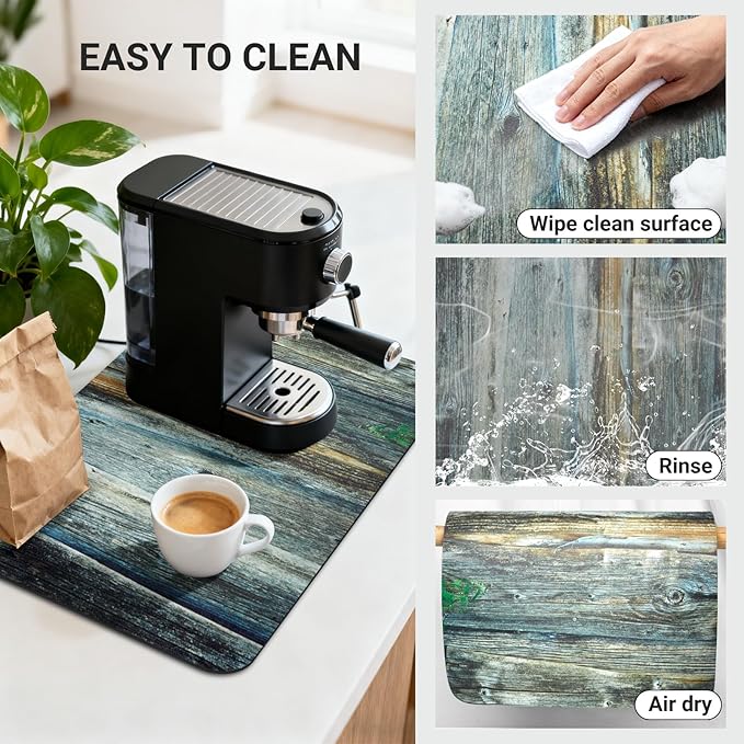 Coffee Pot Mat 20x12 Inch, Wood Grain Panel Style, Absorbent Hide Stain Rubber Backed Dish Drying Mat for Kitchen Counter, Bar Mats for Countertops, Under Coffee Bar Maker Machine Espresso Machine