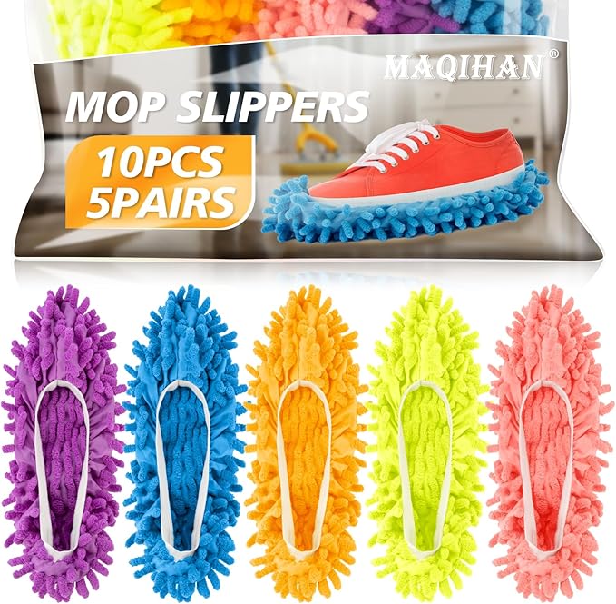 MAQIHAN 10 Mop Slippers for Floor Cleaning - Size 8 Mop Socks Women Mopping Cleaning Socks Mopping Slippers Dusting Slippers Mop Shoes Washable Microfiber Moppers Slippers for House Cleaning (5 Pairs)
