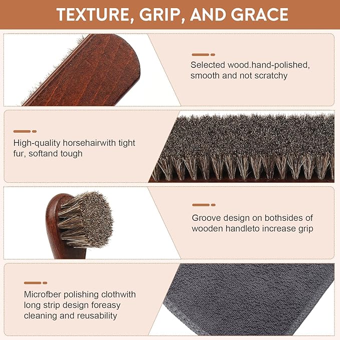 3pcs 100% Horse Hair Shoe Brush Kit Shoe Shine Kit Beech Wood Leather Care Set Suede Boot Cleaner Polish Applicator Dauber Buffing Cloth Soft Natural Bristles Men Gift Box for Boots Shoes Sneakers Car