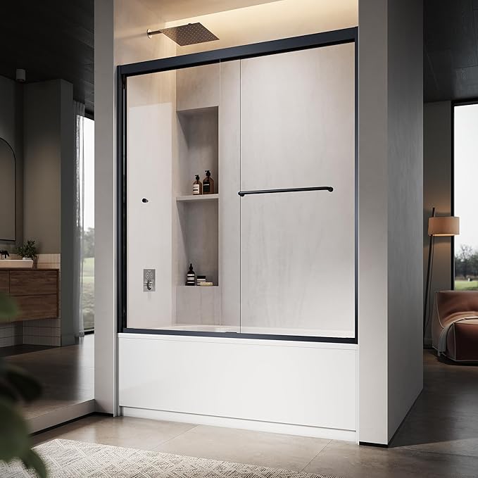 60" W x 60" H Double Sliding Frame Bathtub Door with 5/16" Clear Tempered Glass,Stainless Steel Roller Brackets,Waterproof Threshold Track,Easy-Cleaning Coating & Towel Bar/Knob, Matte Black