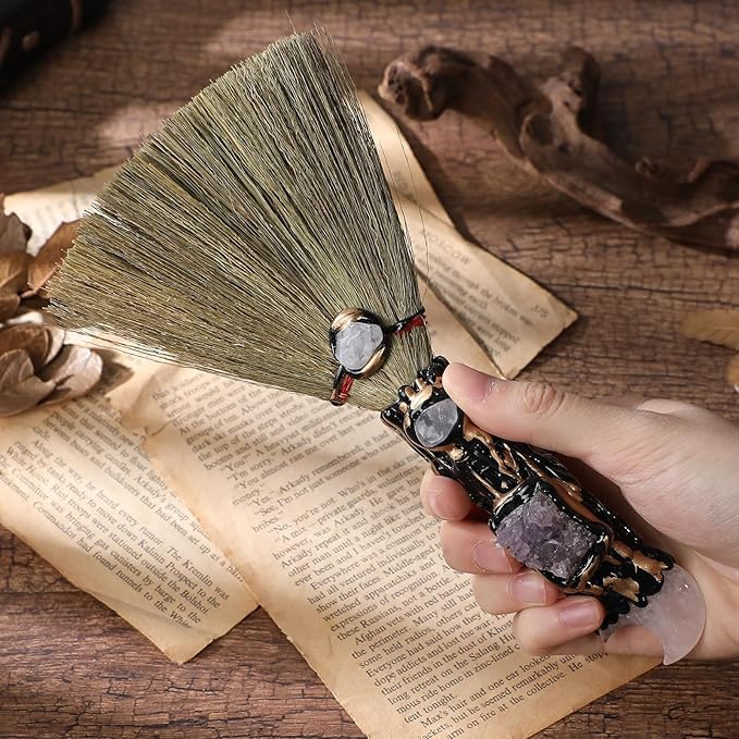 Rose Quartz Witch Broom - Witchcraft Supplies Mini Witches Broomstick with Amethyst Clusters Altar Supplies with Natural Healing Crystals Wiccan Supplies Meditation Therapy Decor