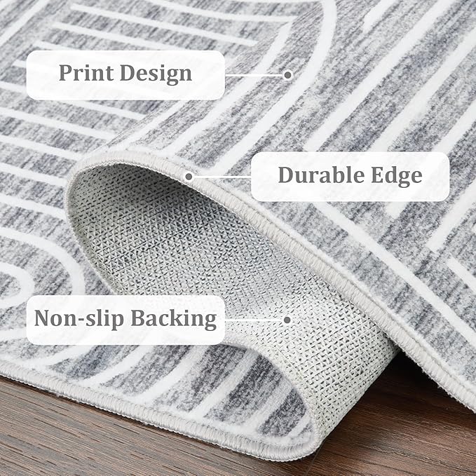 Washable Rug 2x3 Area Rugs for Entryway, Abstract Rug for Bedroom, Soft Rainbow Non Slip Small Area Rug with Rubber Back, Low Pile Stain Resistant Boho Geometric Carpet for Dining Room, Ash
