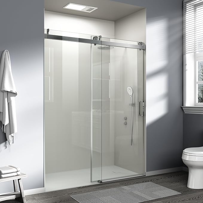 Abruzzo 76" Frameless Shower Door Single Sliding - 1/4" Tempered Glass Soft Close, Brushed Nickel, Adjustable 56-60" Width
