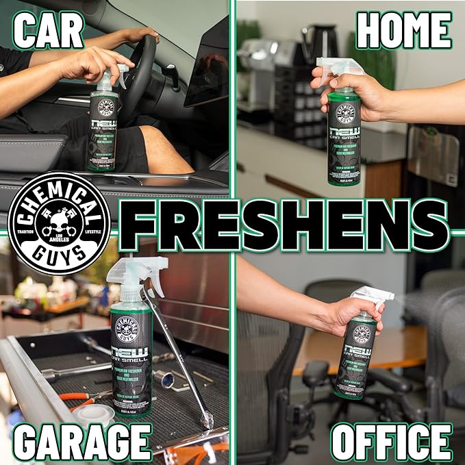 Chemical Guys New Car Smell Air Freshener and Premium Odor Eliminator Refreshes & Neutralizes Odors, Great Car Fresheners for Trucks, SUVs, RVs, and More - 16 oz