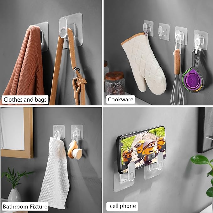 DELITON Clear Cute Storage Hooks, 10 Pack, Adhesion - Transparent Hanger Hook Stick on Wall for Bathroom Towel & Hanging Robe, Coat