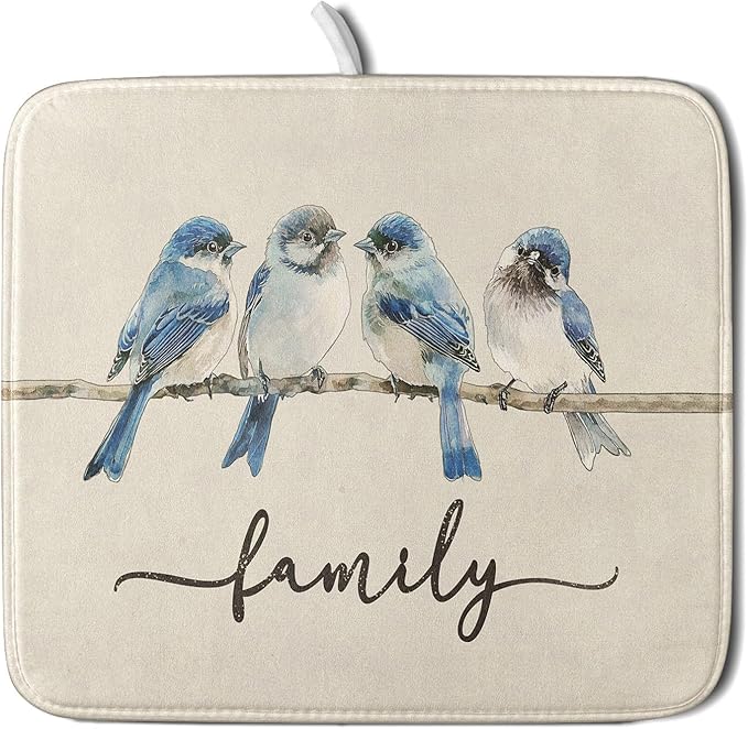 Home Blue Bird Family Dish Drying Mat for Kitchen Counter,Spring Summer Drying Mat 16 x 18 Inch with Absorbent Reversible Microfiber Drying Pad for Coffee Bar