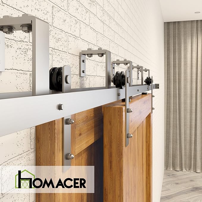 Homacer Brushed Nickel Double Track U-Shape Bypass Sliding Barn Door Hardware Kit, for Two/Double Doors, 13ft Long Flat Track, Straight Design Roller