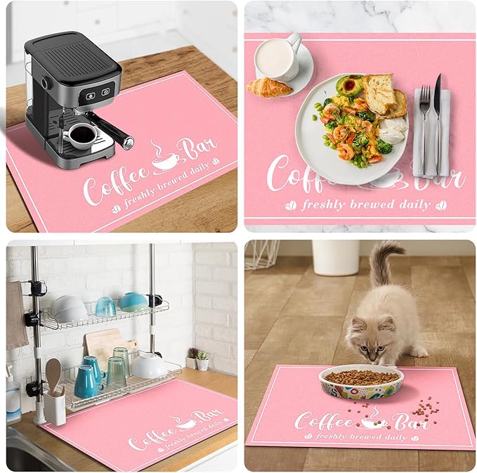 Absorbent Coffee Mat, Fashion Dish Drying Mat for Kitchen Counter Coffee Bar Accessories Espresso Machine Dish Rack 16" x 24" Pink