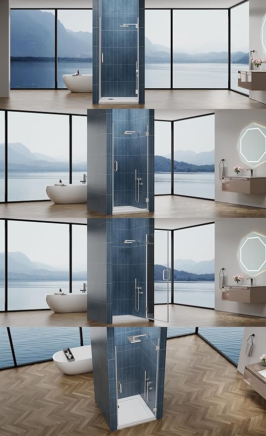 Framelss Hinged Shower Door, 36"W x 76"H Single Swing Pivot Shower Door, 3/8" (10mm) Tempered Glass with Nano Coating, Stainless Steel Handle, Glass Door for Walk-in Shower - Brushed Nickel