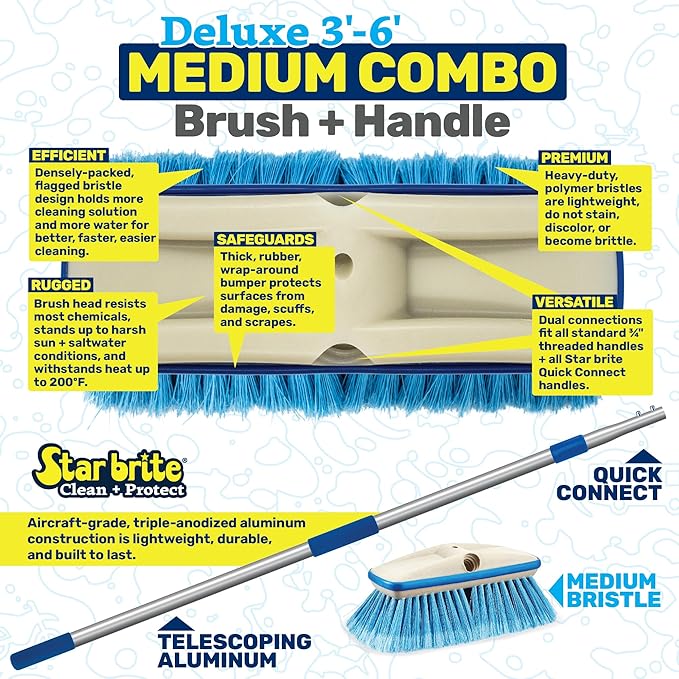 STAR BRITE Deluxe Telescoping Deck Brush Kit - Extendable Aircraft-Grade Aluminum Handle, Soft or Medium Bristles, Floats if Dropped, Ergonomic Design, Multi-Surface Cleaning