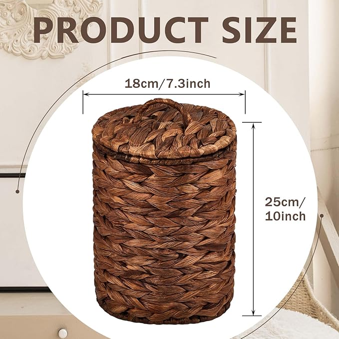 Ctosree 2 Pcs Wicker Trash Can Basket Woven Waste Basket with Lid Bathroom Wastebasket Garbage Bin with 100 Pieces of Trash Bags for Bedroom Farmhouse Home Office Kitchen(Deep Coffee, Small)