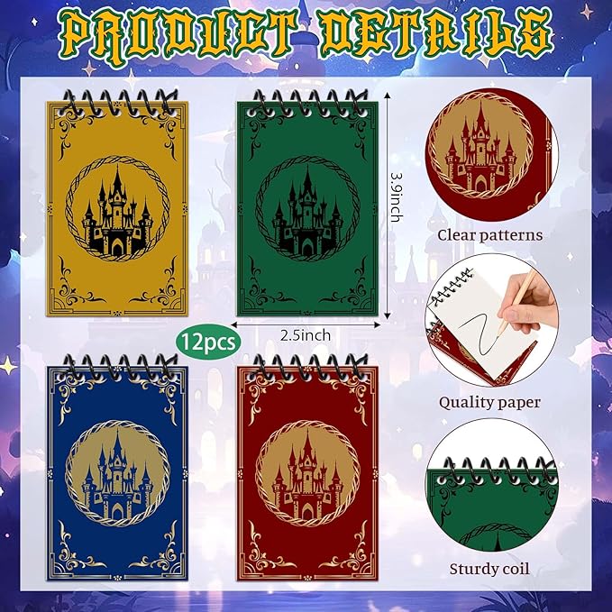 24 Pcs Magical Wizard Notepads Set Spiral Notebooks and Magic Wand Pencils Witch Broom Pencils Magical Wizard School Mini Notepads Small Pocket Journal Goodie Bag Stuffers for Wizard School Classroom Favors Supplies