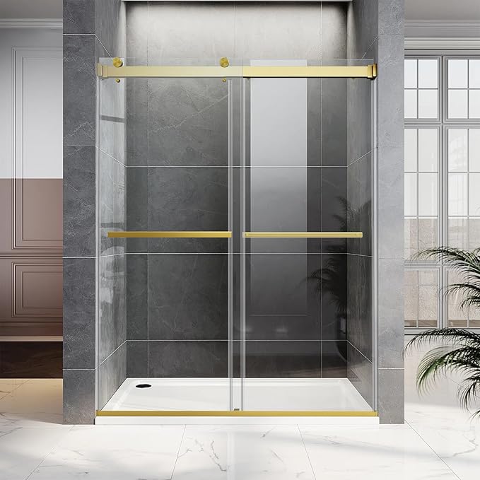 Frameless Sliding Shower Door, 60" W x 76" H Glass Shower Door with 5/16" (8mm) Clear Tempered Safety Glass, Stainless Steel Hardware, Double Sliding Shower Door, Brushed Gold