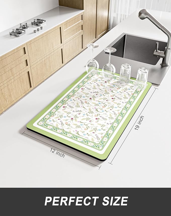 Rnivvi Dish Drying Mat for Kitchen Counter, 12 x 19" Cute Flower Theme Super Absorbent Draining Pad, Non-Slip Heat Resistant Coffee Bar Mat for Coffee Machine Station Accessories, Green Dish Rack Pad