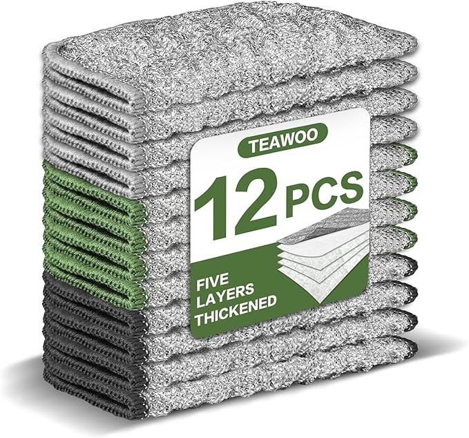 12 PCS Five-Layer Non-Scratch Multipurpose Steel Wire Dishcloths, Reusable Quick-Dry Odor-Free Scrub Cloths for Dishes, Kitchen Cleaning Cloths for Cookware, Sinks, Stove