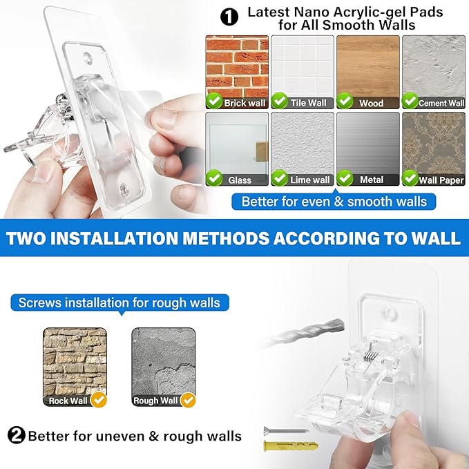 Antimbee 12-Pack No Drill Needed Curtain Rod Brackets, Self Adhesive Rod Holders, Multipurpose Nail Free Stick on Curtain Rod Hooks, Curtain Hangers for Dorm, Bathroom, Bedroom, Livingroom Decor