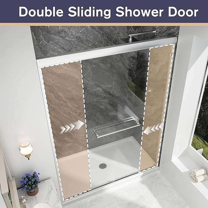 Double Sliding Shower Door, 43"-48" W x 70" H Semi-Frameless Glass Shower Door, 1/4'' (6mm) Clear SGCC Tempered Glass with Explosion-Proof Film and Nano Coating, Brushed Nickel