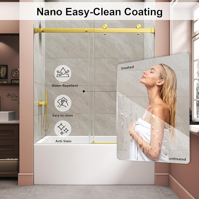 Frameless Bathtub Shower Door, Tub Sliding Door with Nano Coating & Safety Film, 1/4" (6mm) SGCC Tempered Glass，Adjustable 55"-60" W x 60" H, Brushed Gold