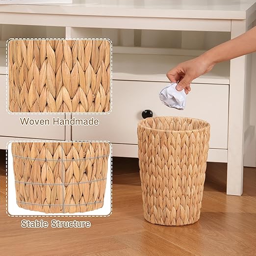 2 Pack Wicker Trash Can, Small Bathroom Trash Can, 2 Gallon Woven Natural Water Hyacinth Waste Basket for Bedroom, Boho Garbage Can for Decor Home Kitchen Living Room Office (Round)