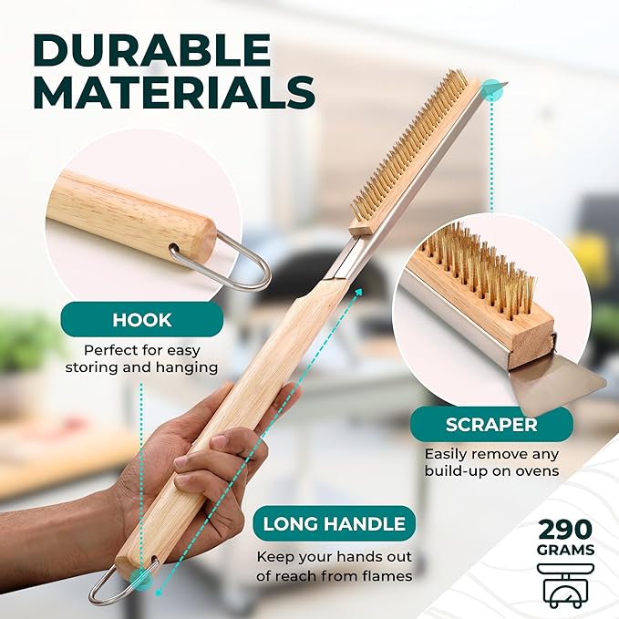 Urban Whisk 22" Pizza Oven Brush with Scraper – Heat Resistant Pizza Brush for Pizza Oven with Stainless Steel Bristles | Pizza Stone Brush for Cleaning Residue & Ash, Extra Long Handles & Spare Head