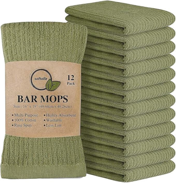 Softolle Bar Mop Towels, Pack of 12-16x19 Inches - 100% Cotton Super Absorbent Towels, Multi-Purpose for Home and Bar Cleaning (Sage Green)