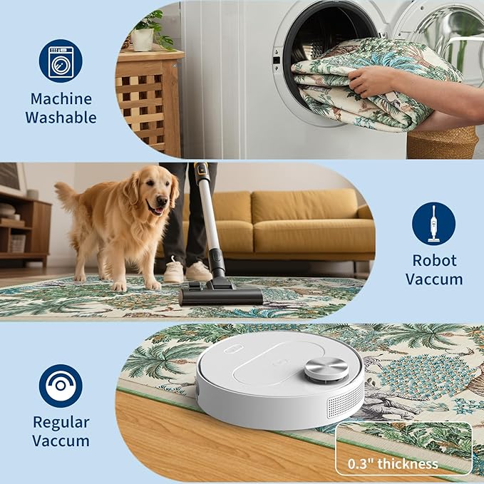 GarveeHome Jungle Animal Print Rug 3x5 Washable Area Rugs for Living Room, Forest Rug Non Slip Soft Low Pile Stain Resistance Throw Carpet for Bedroom Kids Playroom Nursery Beige