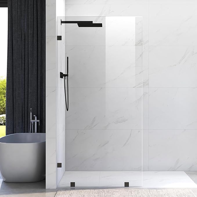 43" W ×80" H Shower Glass Panel, Frameless Fixed Glass Shower Panel with Clamps, 3/8" (10mm) Thick Clear Certified Tempered Shower Door, Bathroom Shower Screen in Matte Black UKH07B2-43X80-MBL