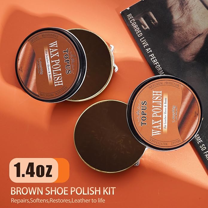 Topus 8 Pieces Shoe Polish Kit, Includes 2Pcs 1.4Oz Brown Shoe Wax, 3 Pieces Horsehair Boots Brushes, 2Pcs Shine Cloths