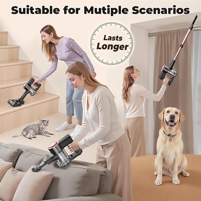 Cordless Vacuum Cleaner, Powerful Lightweight Stick Vacuum with Self-Standing, Anti-Tangle, 8-in-1 Rechargeable Vacuum Cleaners for Home, Hardwood Floors, Carpet, Pet Hair