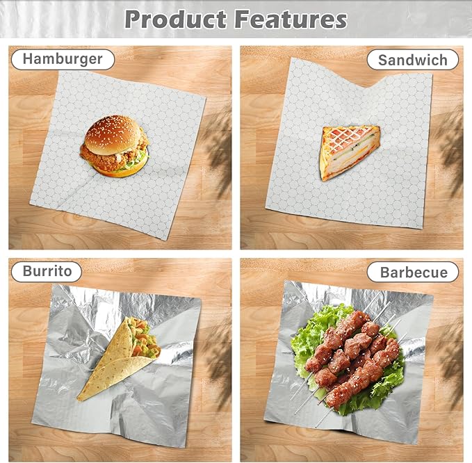 200 Pack Premium Insulated Foil Sandwich Wrap Sheets, 12"x12" Pre-Cut Foil Paper for Hot Dogs, Burgers, Burritos, Food Wrapping, Grease-Resistant and Waterproof, Heat & Cold Insulation for Freshness