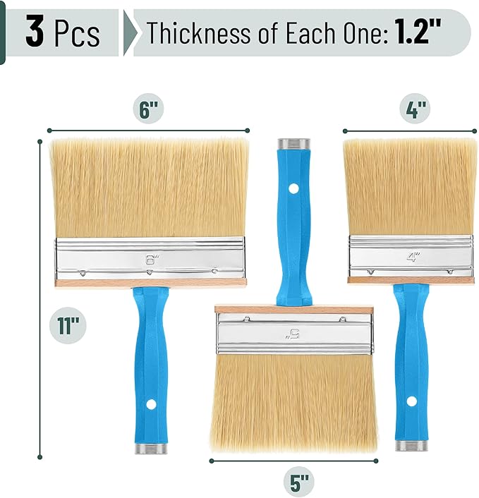 Bates- Deck Stain Brush Set, 3 Pack, 4”, 5” and 6”, Deck Stain Applicator, Stainless Steel Ferrule
