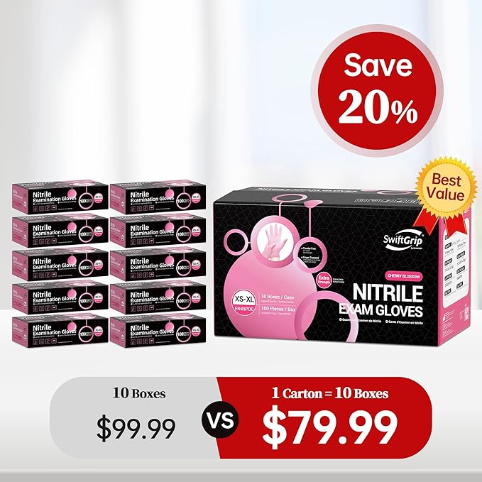 Nitrile Exam Gloves, 4 Mil, Cherry Blossom, Food Safe Gloves Disposable Latex Free, Powder Free