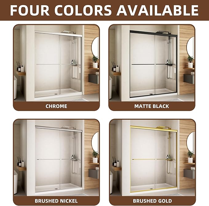 Shower Door,44-48" W x 70" H Semi-Frameless Double Sliding Glass Shower Door with 1/4'' (6mm) Clear SGCC Tempered Glass,Bypass Shower Enclosure,Brush Gold