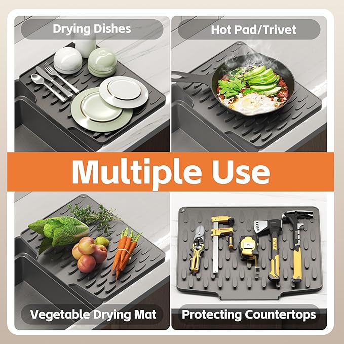 Silicone Dish Drying Mat for Kitchen Counter or Sink with Built-in Drain Lip, Non-Slip Quick Drying Mat, Easy to Clean, Heat Resistant Drying Matt, 15.7" x 13", Grey