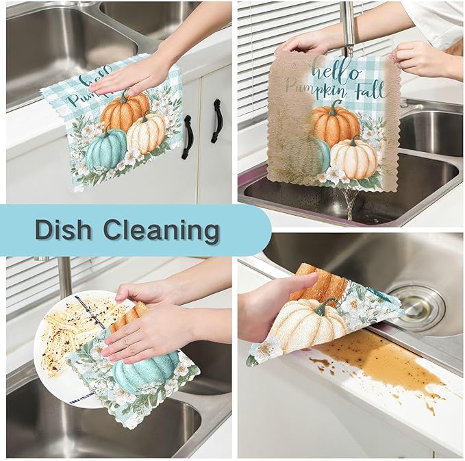 Kitchen Towels Hello Fall Pumpkins Teal Buffalo Plaid Check Dish Towels Multipurpose Reusable Dish Cloths Soft Cleaning Cloth Kitchen Accessories Set of 6,11"x11"