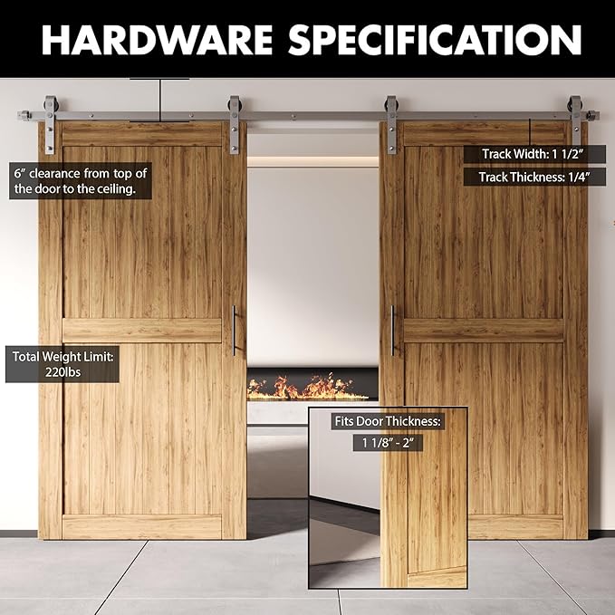 Homacer Brushed Nickel Non-Bypass Sliding Barn Door Hardware Kit, for Two/Double Doors, 8ft Long Flat Track, Classic Design Roller, Heavy Duty, for Interior Use Only（Doors Not Included）