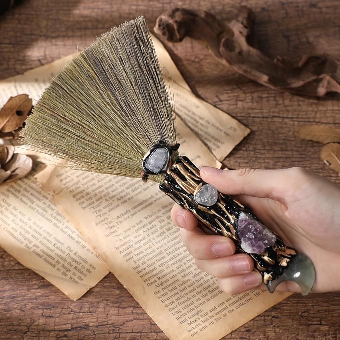 Witchcraft Supplies Witches Broom - Wiccan Decor with Moon Design Fluorite Altar Supplies with Amethyst Clusters Natural Healing Crystals Pagan Decor Reiki Energy Clearing Crafts