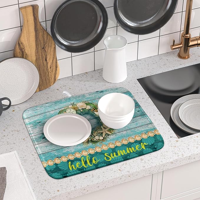 Hello Summer Dish Drying Mat for Kitchen Counter,Sea Shell Starfish Coastal Wreath Drying Mat 16 x 18 Inch with Absorbent Reversible Microfiber Drying Pad for Coffee Bar