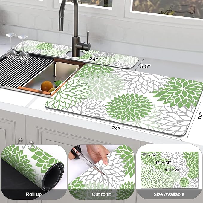 Findosom 2PCS 16" x 24" Dish Drying Mat & 24" x 5.5" Sink Splash Guard, Super Absorbent & Cuttable Dish Mat Drying Kitchen Mat with Green Floral, Hide Stain Drying Mat for Kitchen Counter